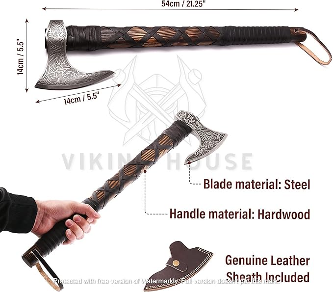 | Viking Axe | Wolf &amp Vegvisir Carbon Steel Axe Head | Wolf Camp Axe | Genuine Leather Sheath &amp Wrap | Bearded Axe | Ragnar Lothbrok Axe...