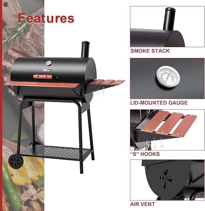 Royal Gourmet CC1830V 30 Barrel Charcoal Grill with Wood-Painted Side Front Table 627 Square Inches Cooking Space for Outdoor Backyard Patio and Parties Black