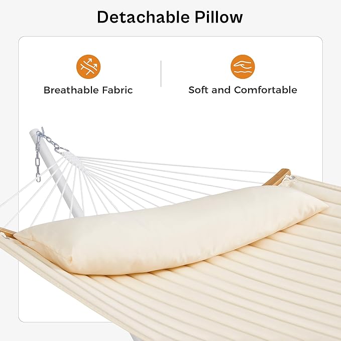 SUPERJARE Hammock with Stand 2 Person Heavy Duty Hammock with Padded Cotton Detachable Pillow &amp Strong Curved-Bar &amp Portable Carrying Bag Perfect for Outdoor &amp Indoor Beige