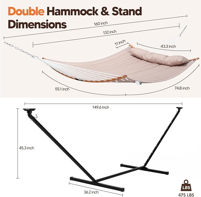 SUNCREAT Hammocks Outdoor 2 Person Hammock with Solar Powered Lights Double Hammock with 12 ft Stand Included Tan