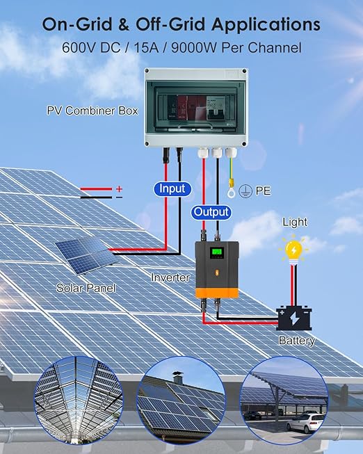 600V Solar DC PV Combiner Box 1 String IP65 Waterproof 63A Circuit Breaker Box 2Pcs 32A Fuse &amp Lightning Arrester Connector for On/Off Grid Solar Panel System 1 Input 1 Out