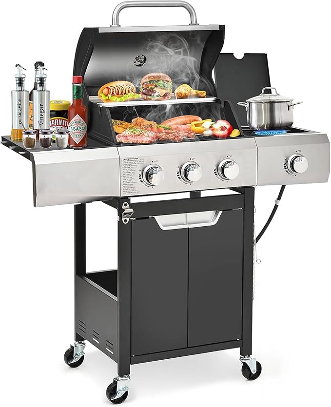 3-Burner BBQ Propane Gas Grill with Side Burner 40500 BTU Stainless Steel Patio Barbecue Grill with Storage Rack Tool Hooks &amp Bottle Opener for Camping Outdoor Cooking (Style2)
