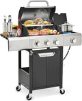 3-Burner BBQ Propane Gas Grill with Side Burner 40500 BTU Stainless Steel Patio Barbecue Grill with Storage Rack Tool Hooks &amp Bottle Opener for Camping Outdoor Cooking (Style2)