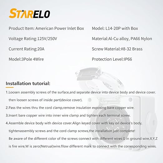 STARELO 20 Amp Power Inlet Box NEMA L14-20P Generator125/250 VoltOutdoor dustproof and Weatherproof for generators Welding Machines etc.ETL Listed.(NEMA L14-20P Box)