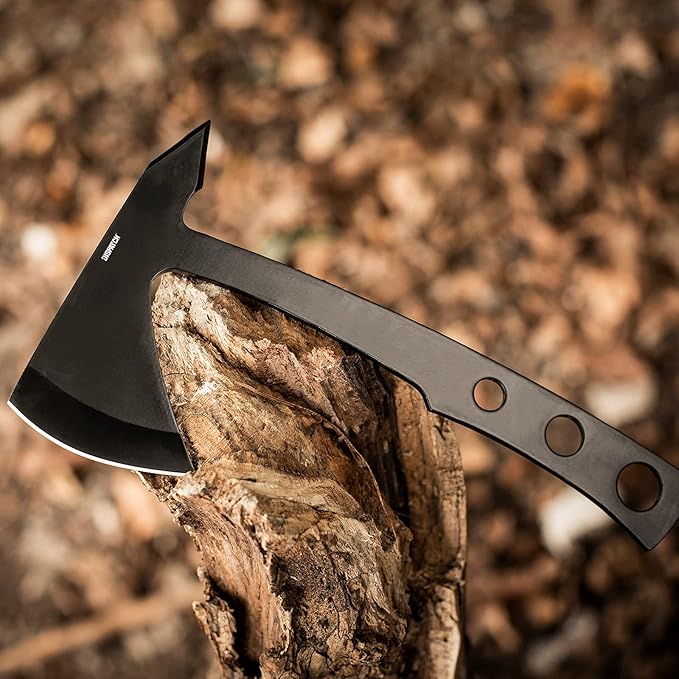 DISPATCH 10 Throwing Axe Full Tang 3Cr13 Stainless Steel Tactical Tomahawk 4mm Thick Sandblasted Blade Includes Nylon Sheath — Perfect for Axe Throwing Camping Hunting (Black)