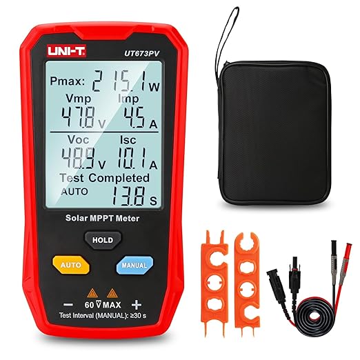 UNI-T UT673PV Solar Panel Tester Solar MPPT Meter 800W Photovoltaic Module Maximum Power Tester Intelligent Manual/Auto MPPT Test Large LCD and Multiple Result Displays