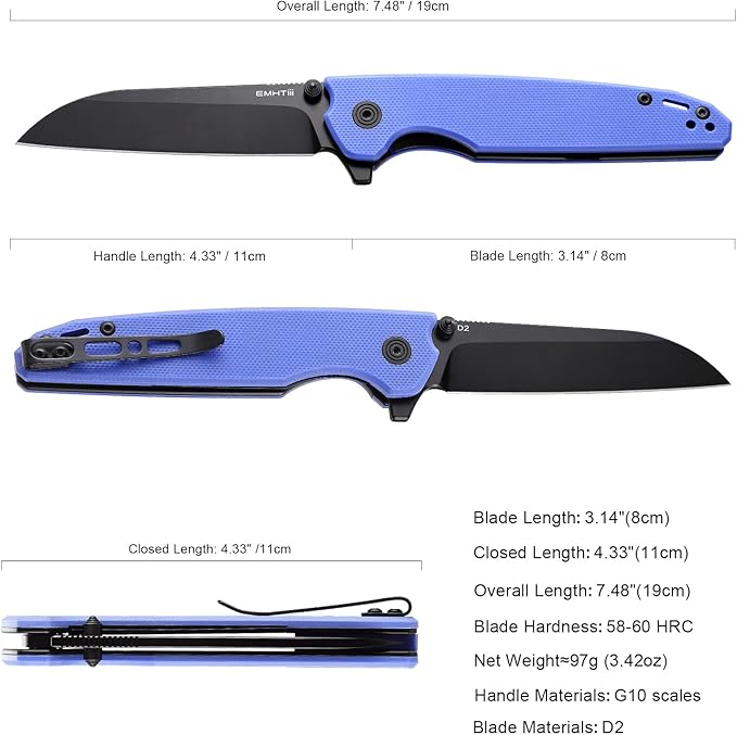 D2 Steel Folding Pocket Knife with Reversible Clip: 3.14 Black Sheepsfoot Blade Liner Lock G10 Handle Small EDC Flipper Knives Camping Tool for Man &amp Women Blue