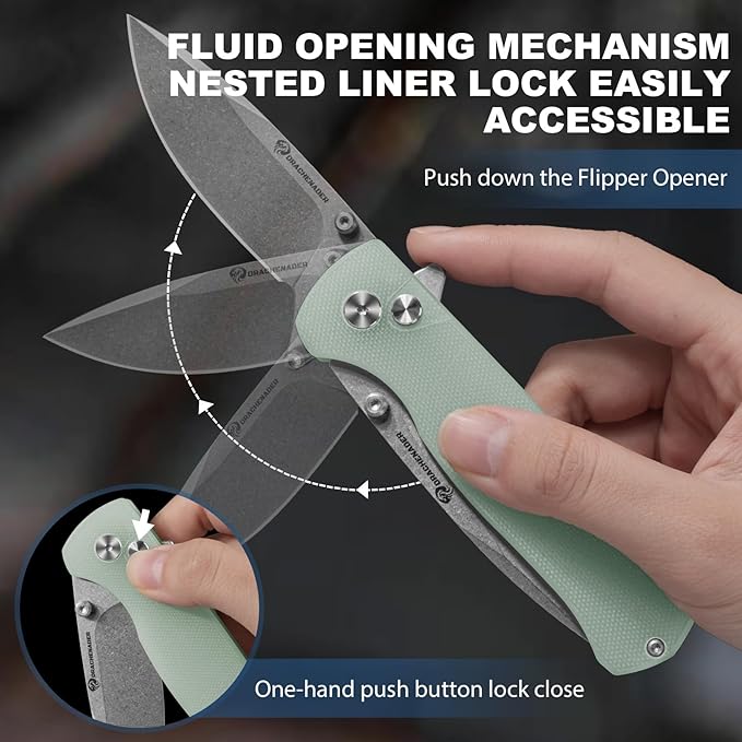 DRACHENADER 7.28 Y-M Pocket Knife for Men with Clip with 2.83 14C28N Steel Blade Button Lock with Safety Switch G10 Handle Sheath for EDC Camping Hiking