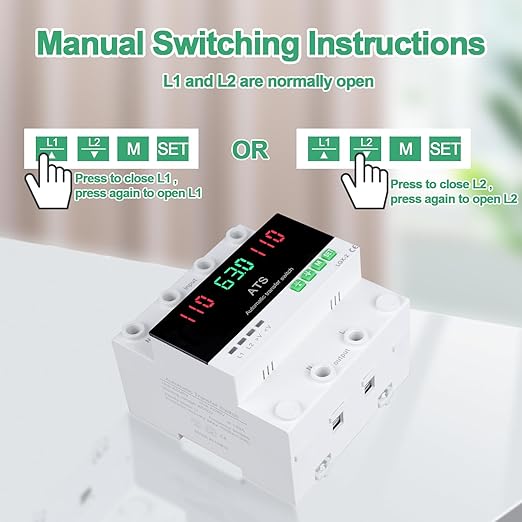 63A 110V Automatic/Manual Transfer Switch L1 Priority Phase Selector LED Display Din Rail Mount 50/60Hz CE Certified ATS for Generator Inverter Public Power