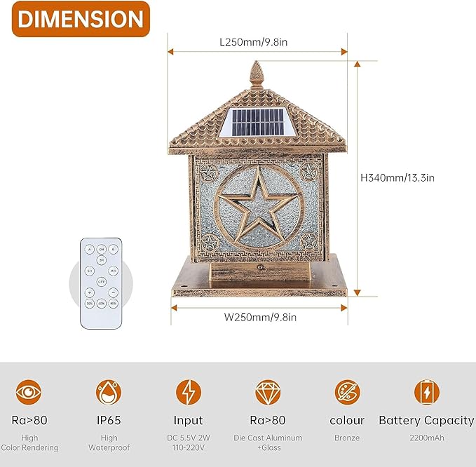SLAWA Outdoor Solar Post Cap Light 9.8In Bronze Column Lights Square Waterproof Landscape Lighting with Remote Pillar Lamps Fence Deck Cap Light Solar Power Lantern Porch Mailbox Lawn Porch Fixture