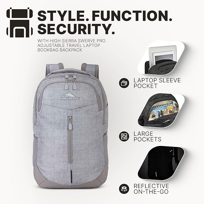 High Sierra Swerve Pro Adjustable Travel or Work Laptop Bookbag Backpack with Laptop Hammock and Water Bottle Compartments Silver Heather