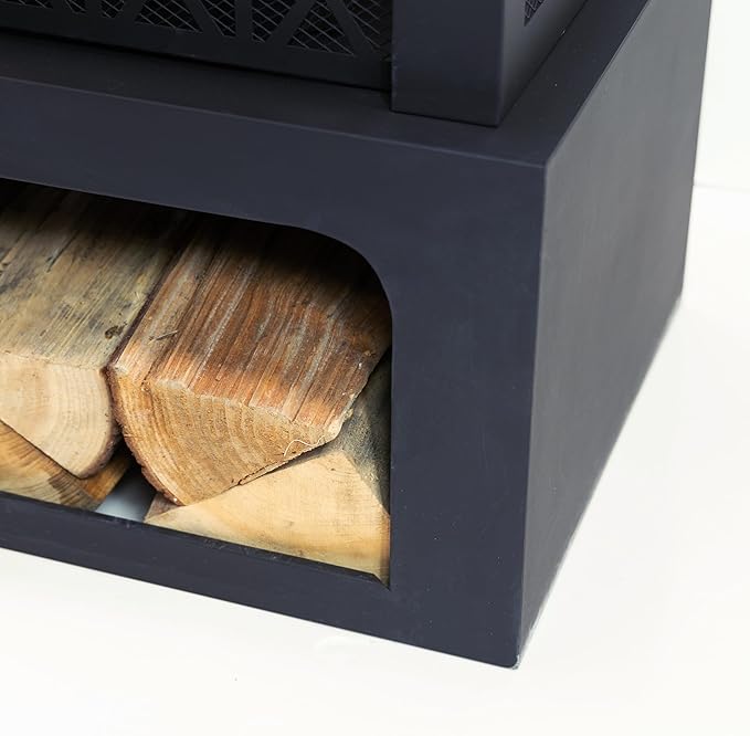 36 Rectangular Steel Outdoor Wood Burning Fireplace - Outdoor Fireplace with Adjustable Cooking Grill &amp Log Storage Compartment - Camping Fire Place with Safety Screen and Poker