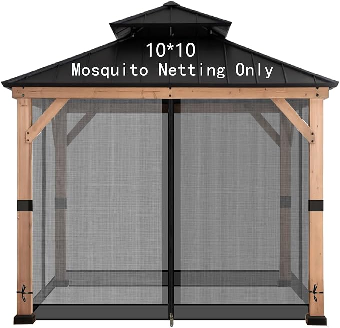 Gazebo Mosquito Netting Universal Replacement 4-Panel Sidewalls with Double Zippers for Patio Backyard Deck and Lawn 10x10 ft (Black 10 * 10ft)