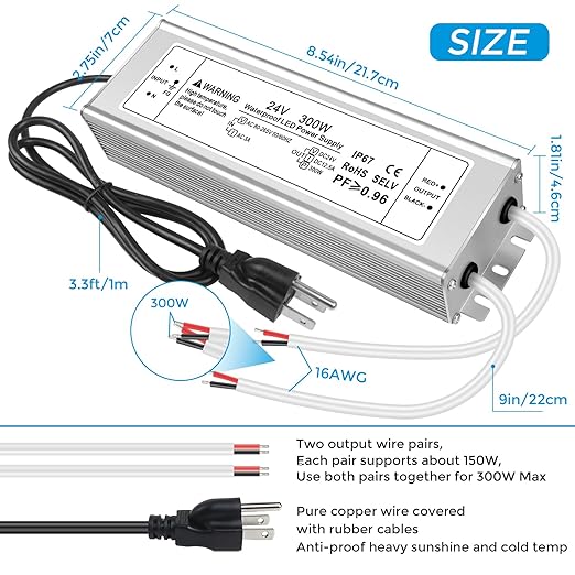 24V 300W LED Power Supply IP67 Waterproof LED Driver AC 110V to DC 24 Volt 12.5A Low Voltage Transformer Converter for Outdoor LED Strip &amp Landscape Lighting 3-Prong Plug with 3.3FT Cable