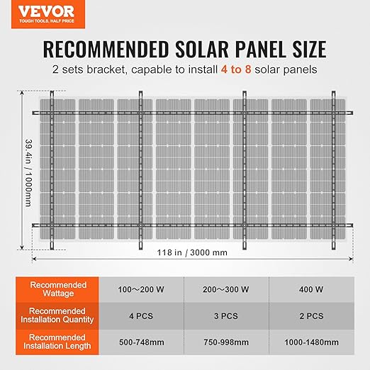 VEVOR 2-Set Solar Panel Mounting Brackets 30°-60° Adjustable Multi-Piece Brackets for 4-8pcs Panels Carbon Steel Ground Mount Stand for Farms RVs Boats Off-Grid