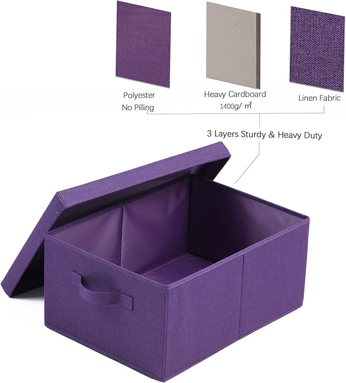 HOONEX Storage Bins with Lids for Organizing Pack of 2 Storage Boxes with 2 Carry Handles and Sturdy Heavy Cardboard 16.5 L x 11.8 W x 7.5 H for Shoes Books Clothes Nursery Dark Purple