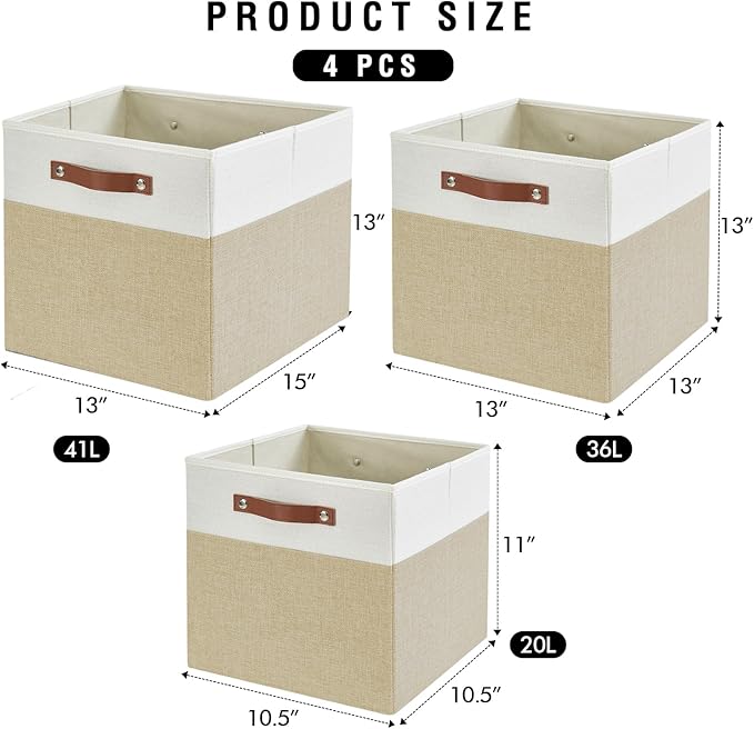 13x15x13 Storage Cube Bins Foldable Storage Organizer Baskets Fabric Cube Storage Boxes with 2 Reinforced PU Handles for Kallax Shelves Living Room | 4 Pack Beige &amp White
