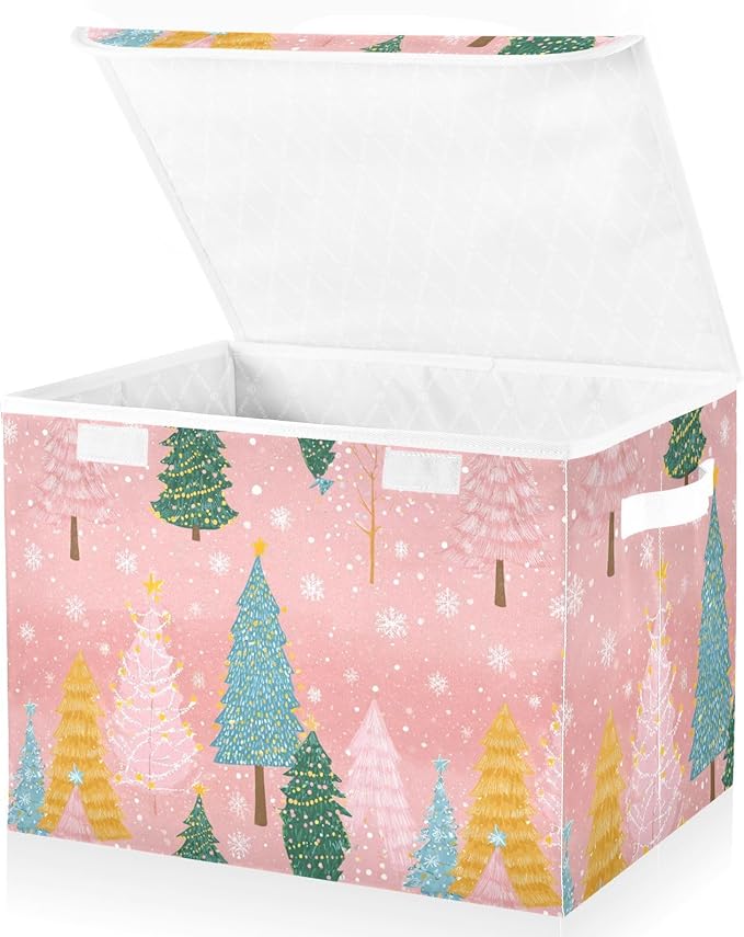 Pink Christmas Trees Storage Box with Lid 1 PC Foldable Storage Bin with Lids Stackable Storage Bins Cube Closet Organizer Basket with Flip-Top Lid &amp Handles for Shoes Books Towels