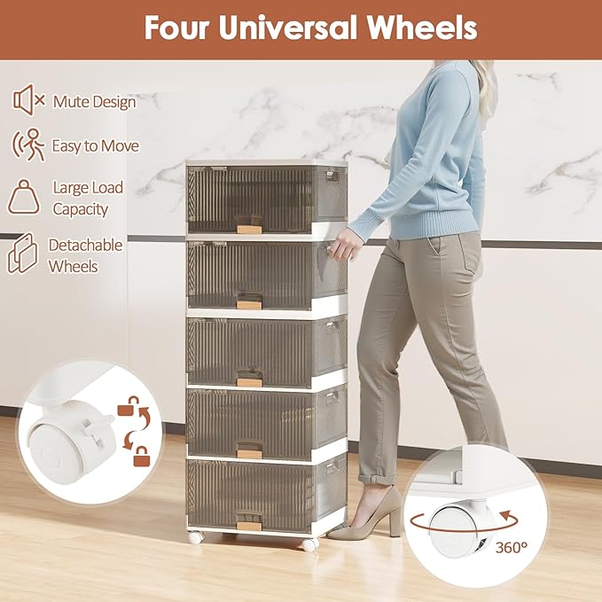Giantex 5 Tier Stackable Storage Bins with Lids 22.5 Gal Foldable Shoe Storage Box with Detachable Wheels &amp Flip-Up Doors Collapsible Closet Organizers and Storage Bins