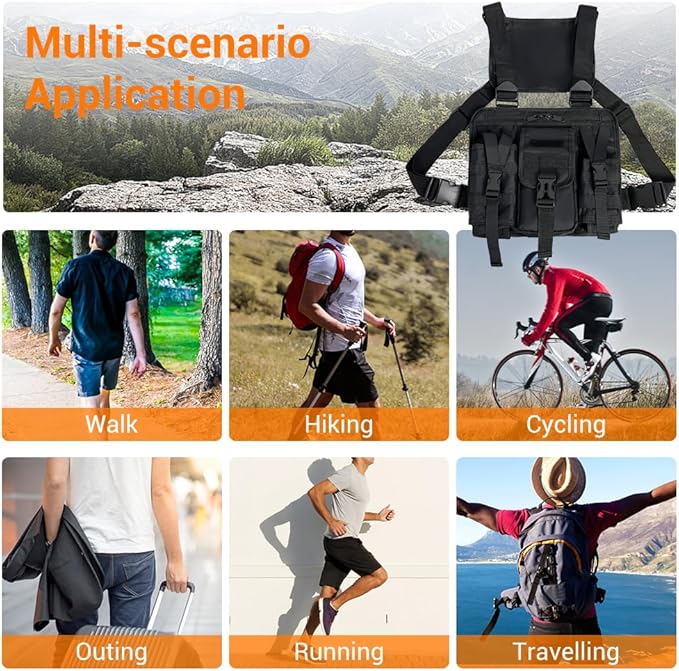 MiOYOOW Sports Chest Bag Waterproof Front Chest Bag 2-Way Zipper Chest Tactical Pack with 4 Pockets Divided Storage for Workouts Running Cycling