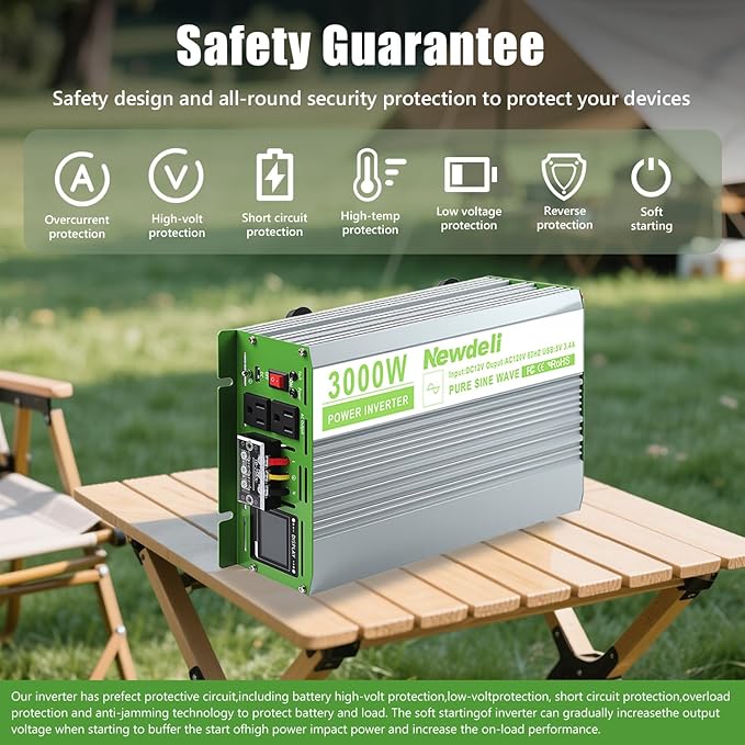 Newdeli 3000 Watt Pure Sine Wave Power Inverter 12V DC to 110V 120V AC Car Power Inverter for Vehicles Car Truck RV Solar Home- Car Inverter with 2 AC Socket 3.4A USB Remote Controller LCD Display