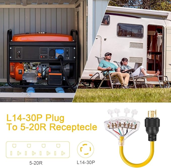 Rophor 30 Amp to 110 Adapter Generator Power Cord 4 Prong 30 Amp to 15 Amp Generator Adapter Nema L14-30P Male to 4X 5-20R Female with Dust Protection Caps 1.5 FT