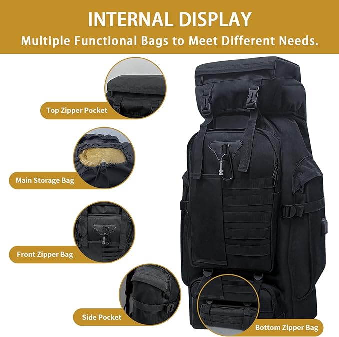 80L Camping Hiking Backpack Large Military Tactical Backpack with USB Charging Port Waterproof Travel Daypack With Carabiner Outdoor MOLLE Rucksack for Men Women (Black)