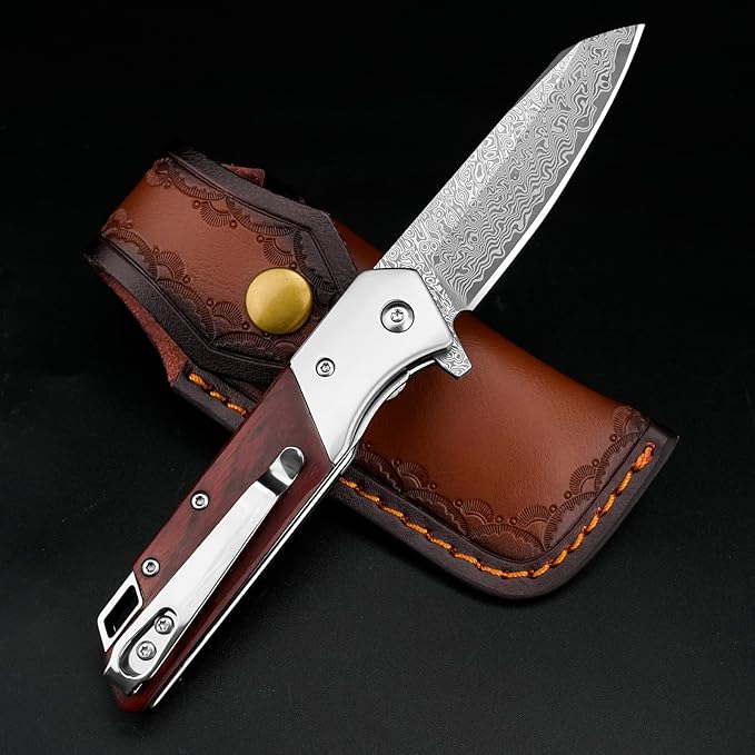 KOMWERO Damascus Pocket Knife with Clip Leather Sheath 3.14 inch Sharp Damascus Steel Knife with Rosewood Handle EDC Damascus Folding Knife for Men Women Camping Collection