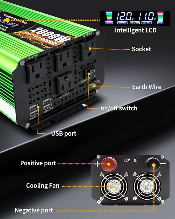 2000 Watt Pure Sine Wave Inverter DC 12V to 120V AC Power Inverter for Vehicle RV Truck Off-Grid Car Power Inverter with 4 AC Outlet 5V/3.1A USB Remote Control Surge 4000W