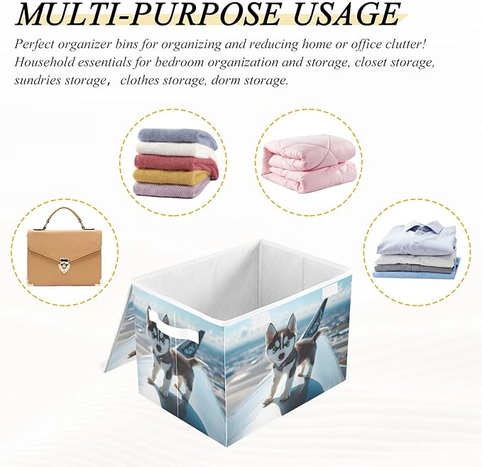 AIXIWAWA Lidded Storage Cube (Husky on Plane) Fabric Foldable Closet Bins with Flip Lid and Handles Organizer Basket Container 16.5 x 12.6 x 11.8 IN