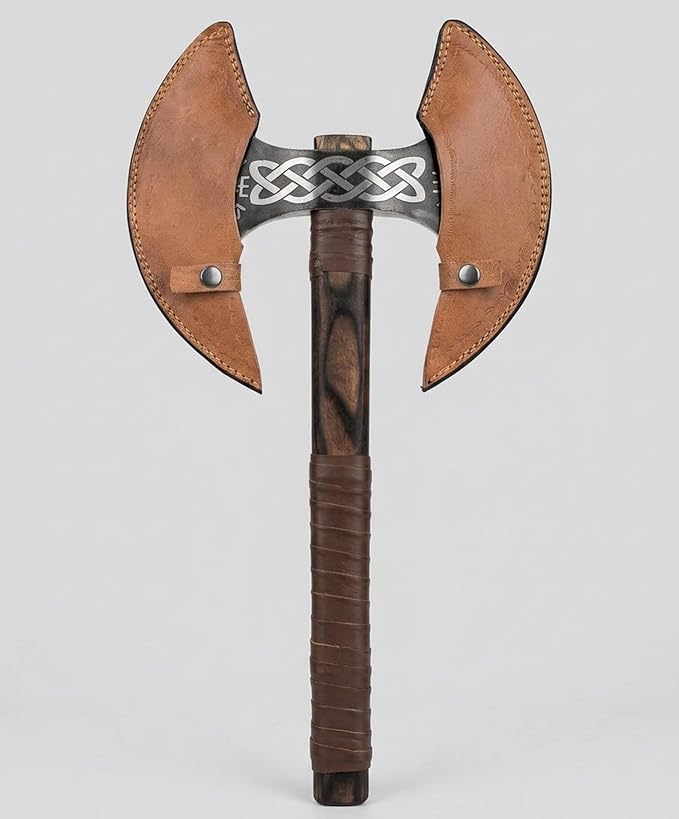 FORGE HIDE - Double Headed Viking Axe 27 High Carbon Steel Norse Dane Axe with Ash Wood Straight Shaft Scandinavian Nordic Axe Leather Scabbard Gift for Men