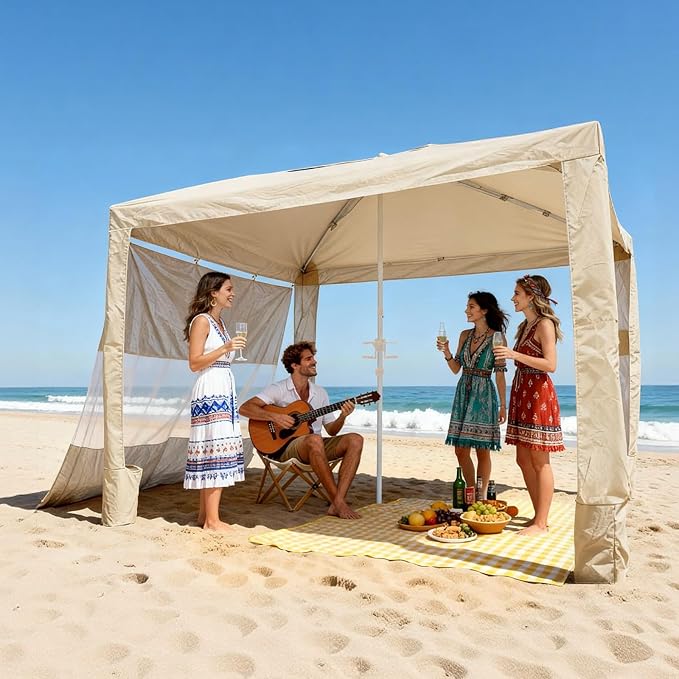 VEVOR Beach Cabana 8 x 8 ft Beach Canopy with Side Wall UPF 50+ Protection Easy Setup Cabana Tent with Sand Pockets Adjustable Height Portable Shade Sun Shelter Umbrella for Family &amp Friends K