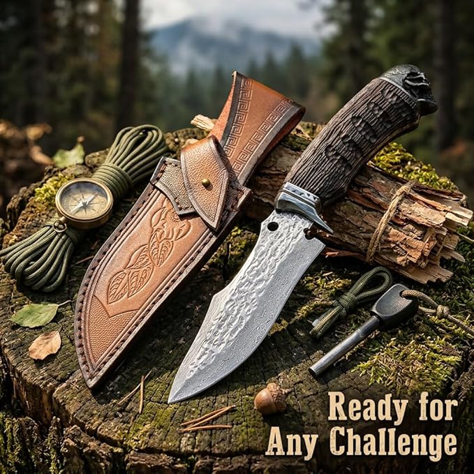 12.7 Mirror Polished Fixed Blade Survival Knife with Genuine Leather Sheath - High Hardness Stainless Steel Outdoor Knife - Artisan Resin Handle Utility Tool for Camping Hiking &amp Bushcraft