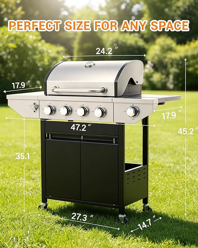 EUHOME 51000 BTU 4-Burner Propane Gas Grill with Side Burner – Large 452 sq.in Stainless Steel BBQ Grill Enameled Cast Iron Grates 4 Swivel Casters &amp Protective Cover for Backyard Patio Family