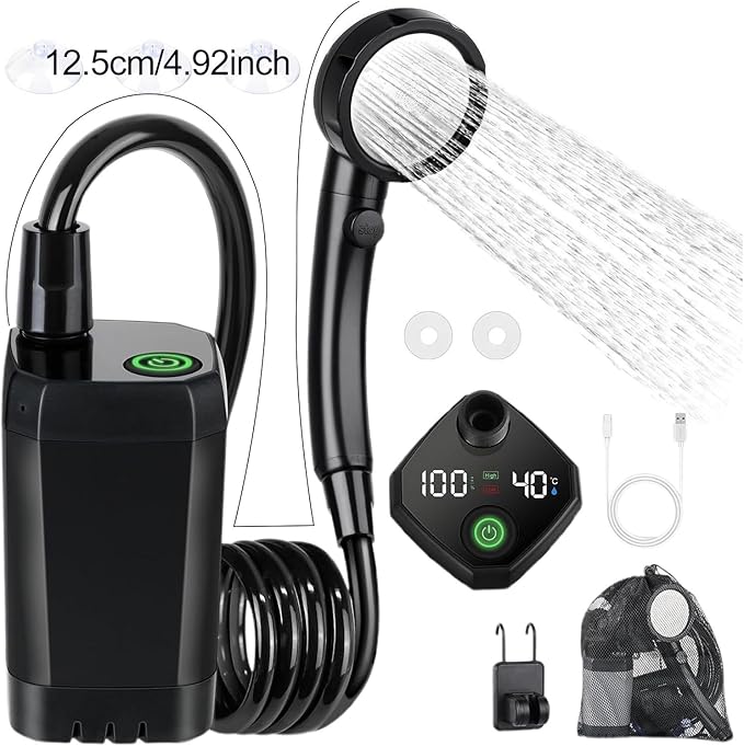 BENBOR Electric Portable Camping Shower - 6000mAh Battery Powered Outdoor Shower with Intelligent Digital Display Lightweight ABS Design for Camping Dog Washing &amp Tent Shower Use Black