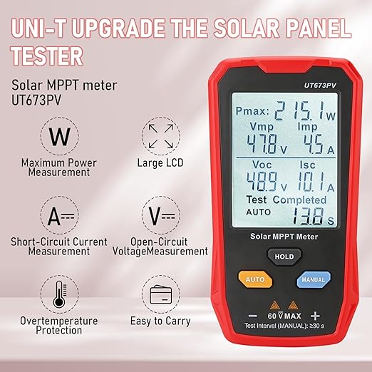 UT673PV Solar Panel Tester Photovoltaic Multimeter 800W Solar MPPT Meter with Large Ultra Clear LCD Smart MPPT Open Circuit Voltage Troubleshooting Data Test for Photovoltaic Modules
