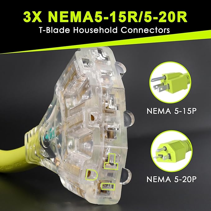 30 Amp to 110 Adapter RV Cord 30 Amp to 20 Amp Adapter NEMA TT-30P Male to 3X 5-15R/5-20R T-Blade Household Outlet Female with Lighted Power Indicator 1.5 FT