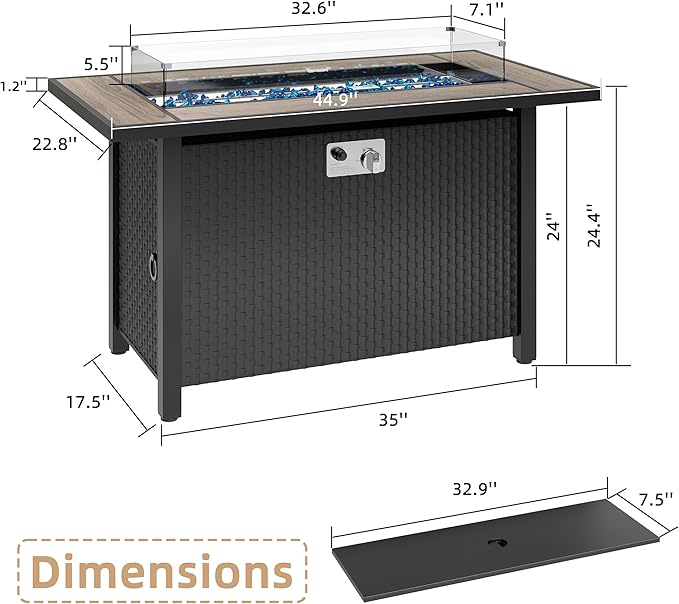 45 Inch Propane Fire Pit Table 50000 BTU Outdoor Gas Fire Pit for Patio &amp Backyard 2-in-1 Firepit Dining Table with Glass Wind Guard Blue Glass Rocks &amp Waterproof Cover Walnut