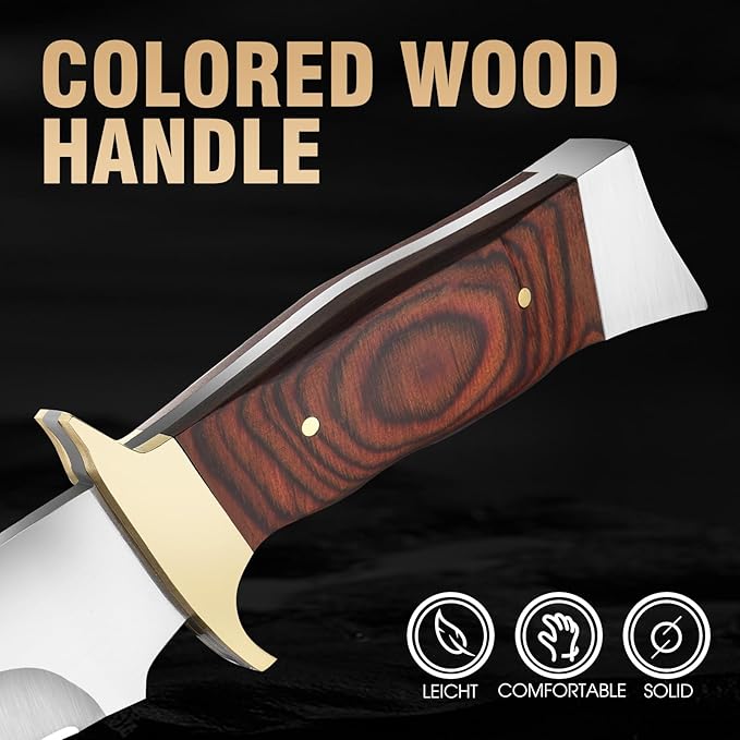 Fixed Blade Survival Knife - 9Cr18 Stainless Steel Hunting Knife - 12 Heavy Duty Bushcraft Knife with Premium Wood Handle - Gift for Men for Camping Hiking &amp Fishing
