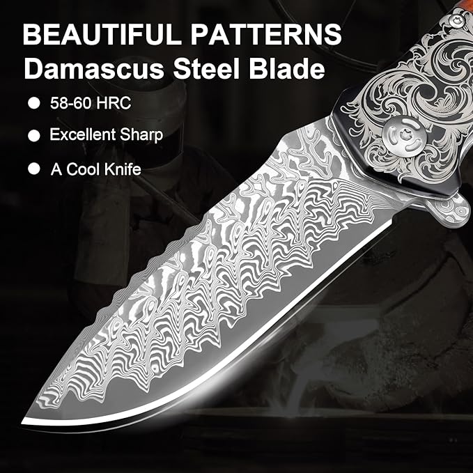 Zingbee Pocket Knife with Glass Breaker EDC Damascus Folding Knife with Seatbelt Cutter 3.35 VG10 Damascus Steel Blade Multitool Pocket Knives with Wood Handle