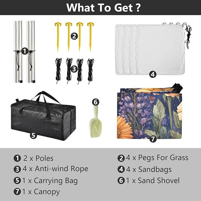Autumn Flowers Rose Daffodil Butterflies Bees Royal Blue Beach Canopy UPF50+ Waterproof Large Sun Shelter with Sandbags Sand Shovel Poles for Family Trips Picnics &amp Camping