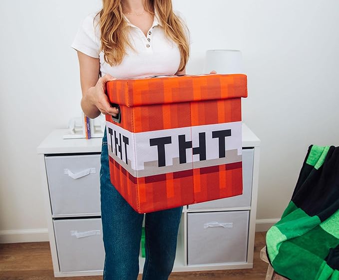 MINECRAFT TNT Block 13-Inch Storage Bin Chest With Lid | Foldable Fabric Basket Container Cube Organizer With Handles Cubby For Shelves Closet | Home Decor Essentials Video Game Gifts
