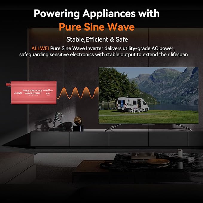 ALLWEI Pure Sine Wave Inverter - 1000 Watt Inverters 12V DC to 110V/120V AC Converter for Home RV Truck Off-Grid Solar Car Power Inverter with 2 Sockets Power Inverters for Vehicles 2000W Peak