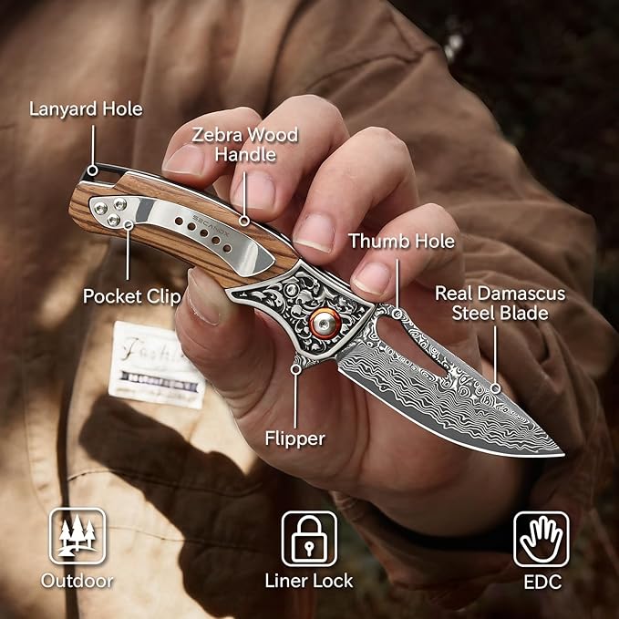 Damascus Pocket Knife with Wooden Handle Sharp 3.54 Damascus Steel Blade Folding Knives for EDC Outdoor Camping Hiking Collection