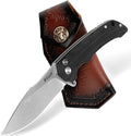 Folding Pocket Knife with Leather Sheath 3.47 N690Co Premium Steel Blade G10 Handle Knives EDC Small Folding Knife for Men Women Outdoor Survival Camping Hiking Knife (Black)