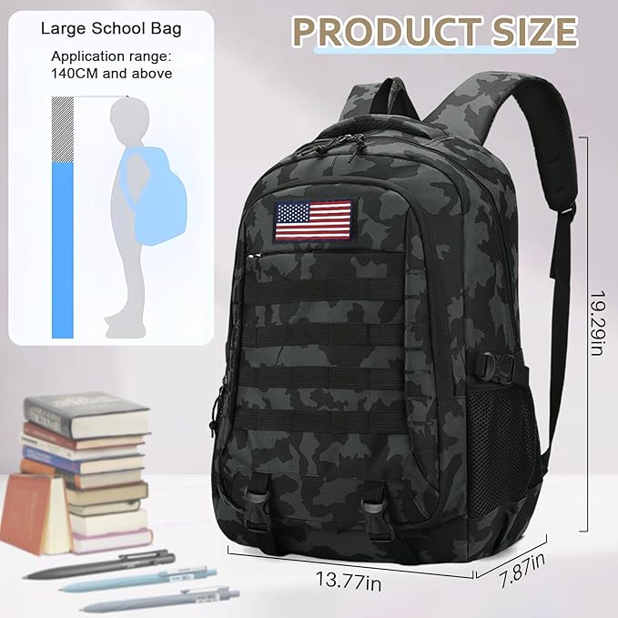 19'' Camo Backpack for Boys - Waterproof Tactical Bookbag for 15.6 Laptop Sleeve &amp MOLLE System for School Camping Travel