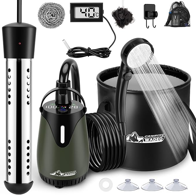 Upgraded Portable Shower for Camping with Heater Rechargeable Camping Shower with Intelligent LED Display 5 Gal Foldable Bucket 4 Spray Modes Portable Shower for Travel Pet Bath Car Washing