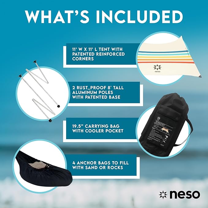 Neso Gigante Portable Beach Tent Sun Shelter - Lightweight Beach Shade Canopy - Easy Setup for Family Outings - Patented Reinforced Corners - UPF 50+ Sun Protection - 8ft Tall 11 x 11ft - Rainbow