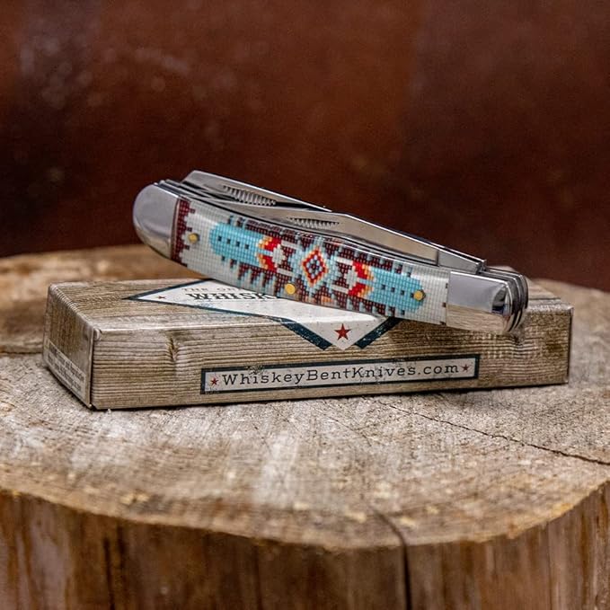 WHISKEY BENT HAT CO. Traditional Trapper Folding Pocket Knife 4.125 Closed Length 440C Stainless Steel Blades (Turquoise Bead)