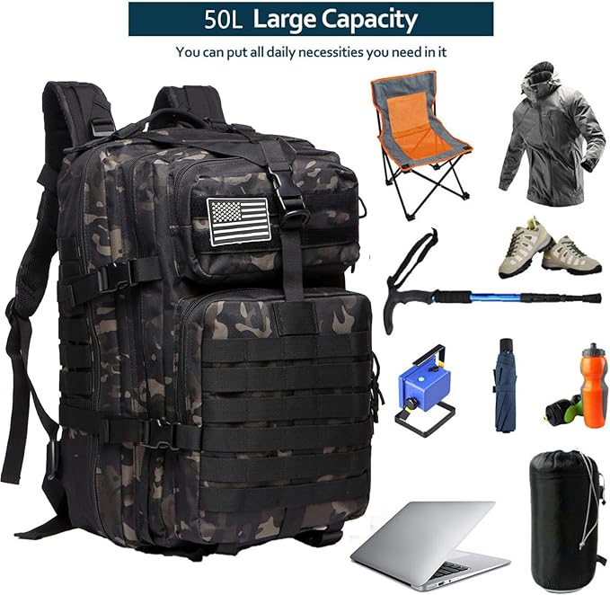 50L Sturdy Nylon Waterproof Fishing Hunting Backpack Outdoor Military Rucksacks Tactical Sports Camping Hiking Bags (Camo Black)